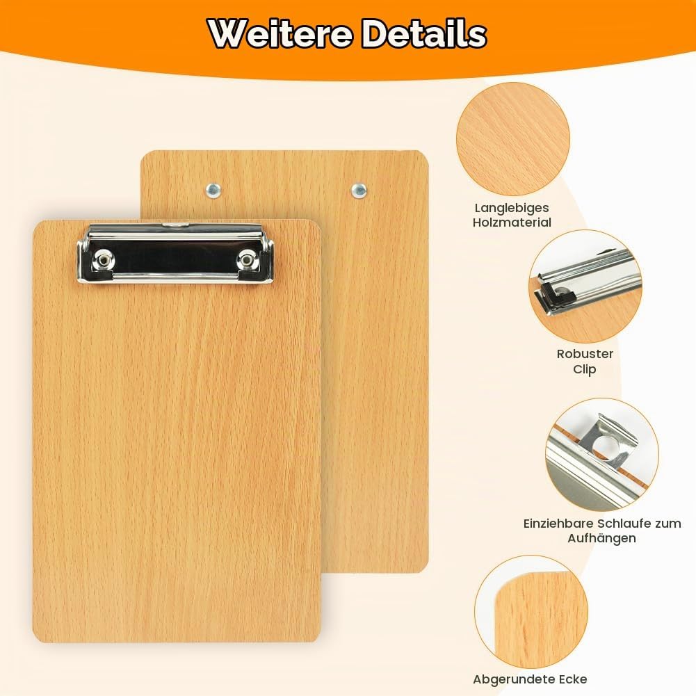 OFFCUP Klemmbrett A5 Holz, 12 Stück Klemmbretter mit Metalklemme Clipboard Schreibbrett A5 Hartplatt