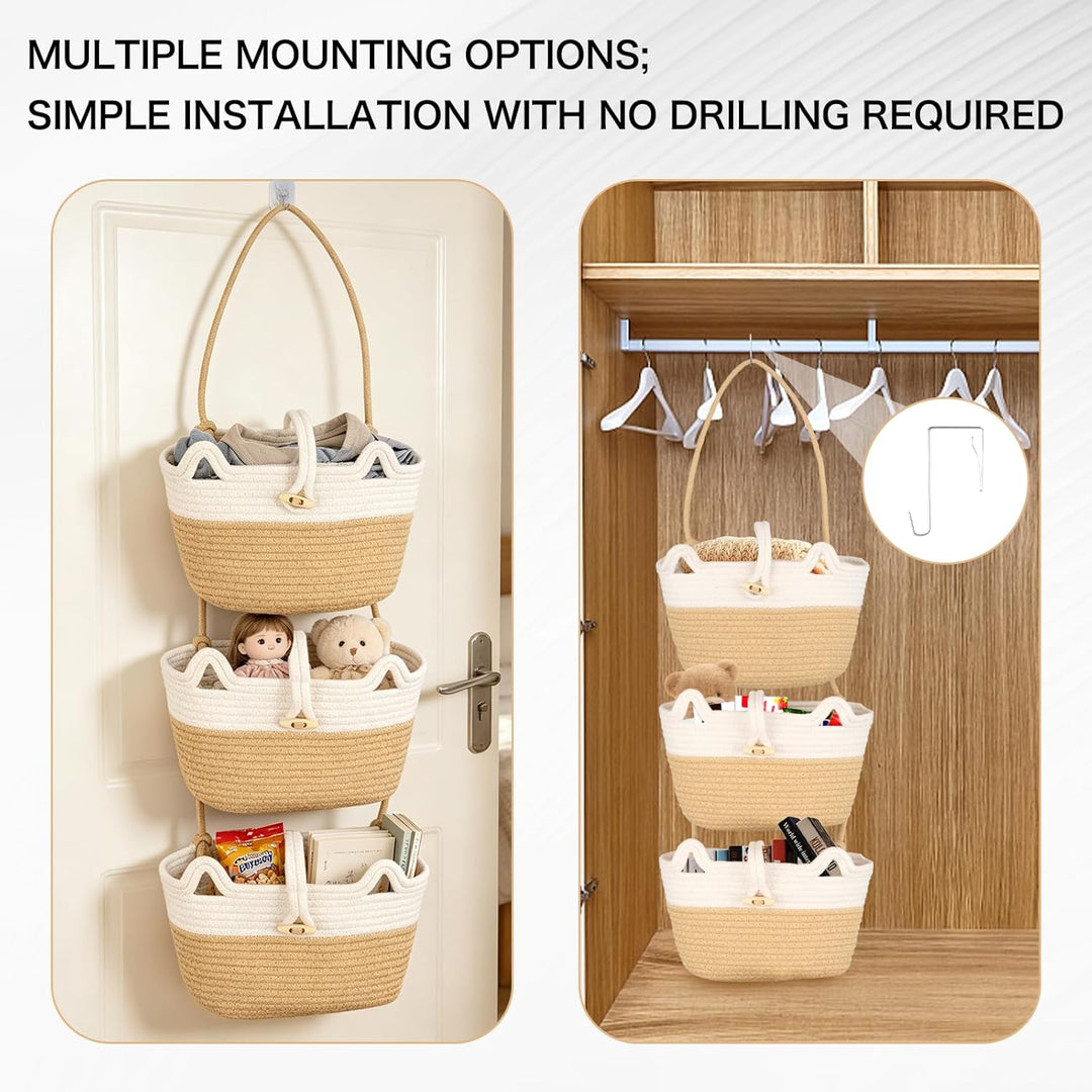 3 Stock Hängekorb Wand 30×20cm, Baumwollstoff Hängekörbe mit Haken Stabil und Kippsicher, Hängekorb
