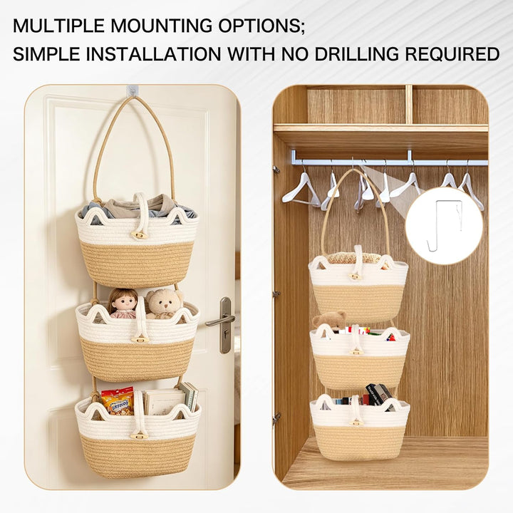 3 Stock Hängekorb Wand 30×20cm, Baumwollstoff Hängekörbe mit Haken Stabil und Kippsicher, Hängekorb