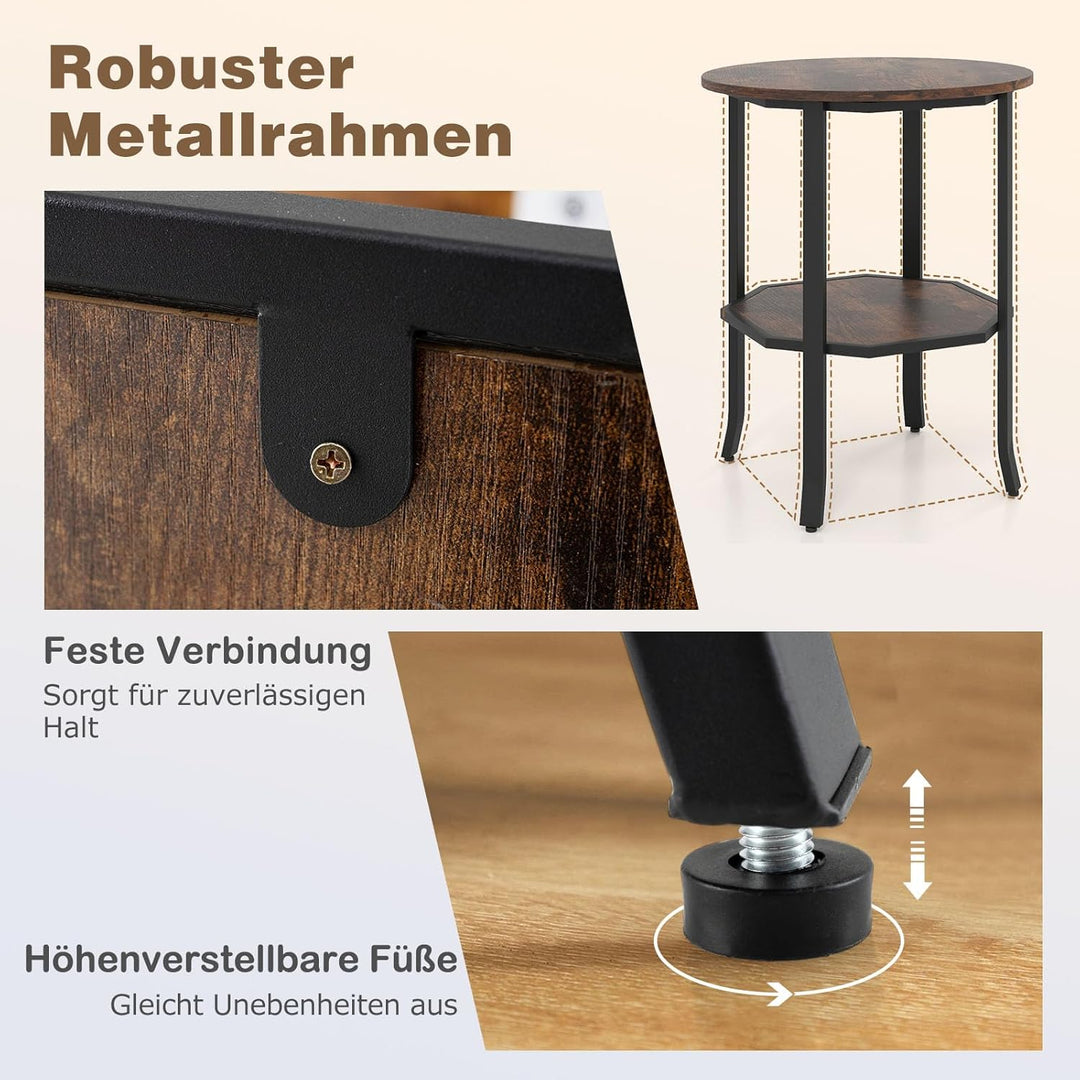 COSTWAY Runder Beistelltisch, 2-stufiger Sofatisch mit offenem Regal, industrieller Wohnzimmertisch,