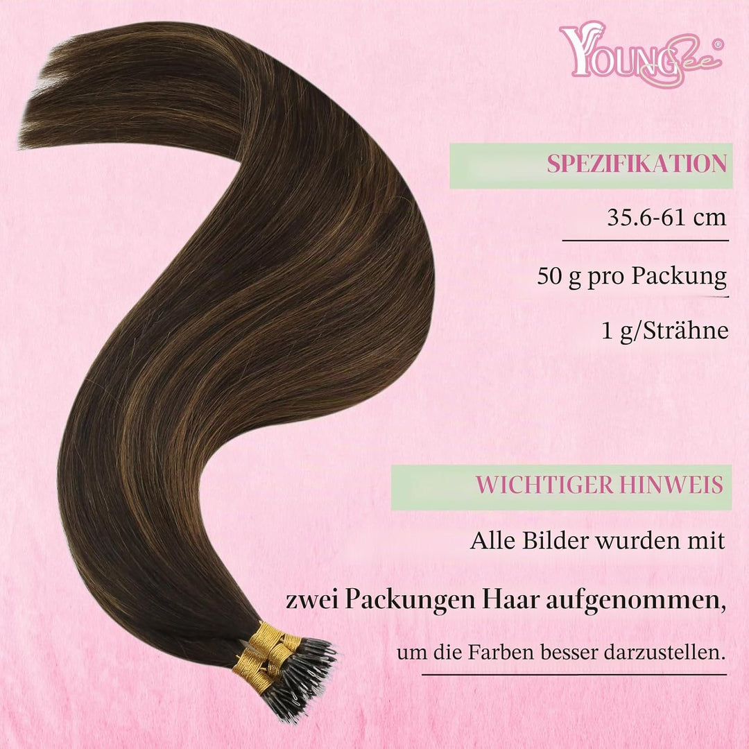 YoungSee Nanoring Extensions Echthaar Ombre Nano Extensions Echthaar Dunkelbraun Balayage Mittelbrau