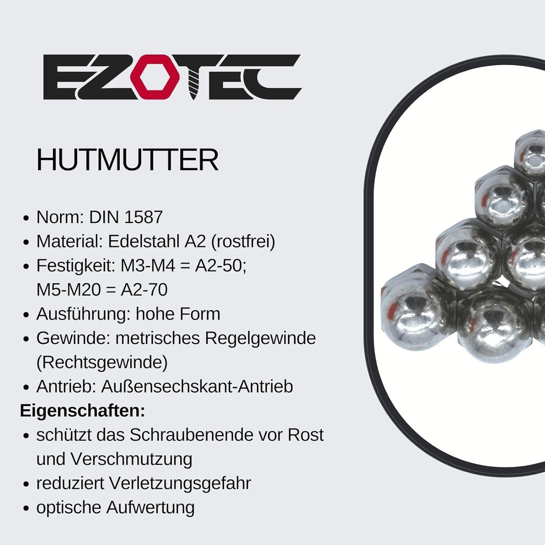 EZOTec - 50 Stück Hutmuttern hohe Form M12 DIN 1587 - Edelstahl V2A A2 - Schlüsselweite (SW) 19 M12