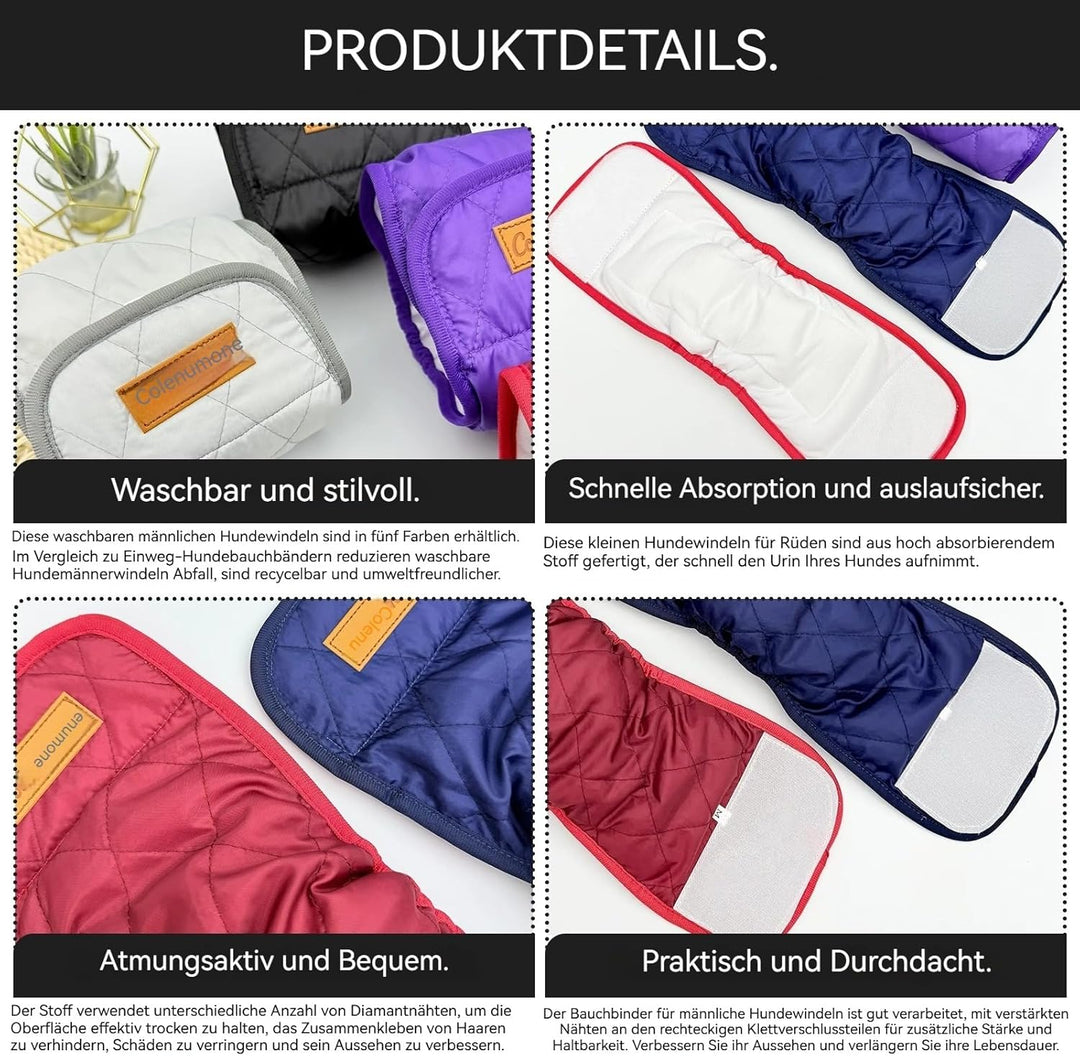 Hundewindeln, waschbar, wiederverwendbar, Bauchbänder für Rüden, gesteppt, ultra-saugfähig, auslaufs