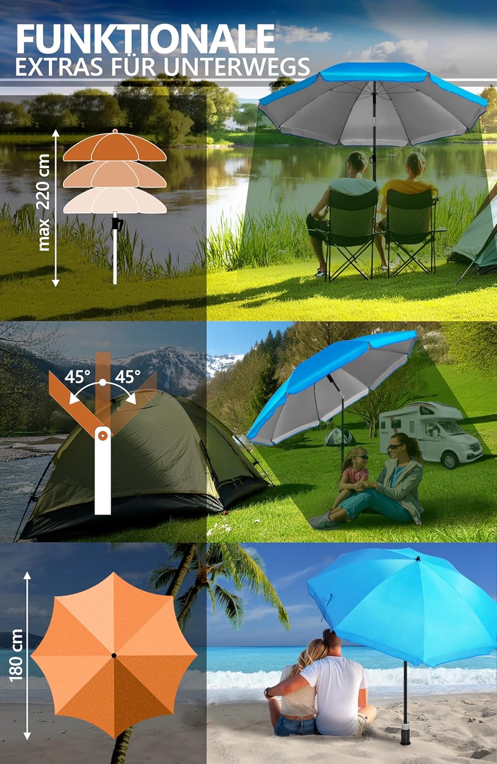 4smile Sonnenschirm Strand SunnyJoy als 3-IN-1 SET, Blau - UPF 50+ Strandschirm mit Bodenhülse & Sch