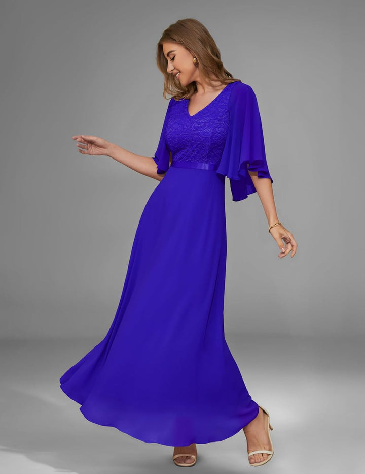 DRESSTELLS Damen Ballkleid Lang Abendkleider Elegant für Hochzeit mit Kurze Ärmel M Royal Blue, M Ro