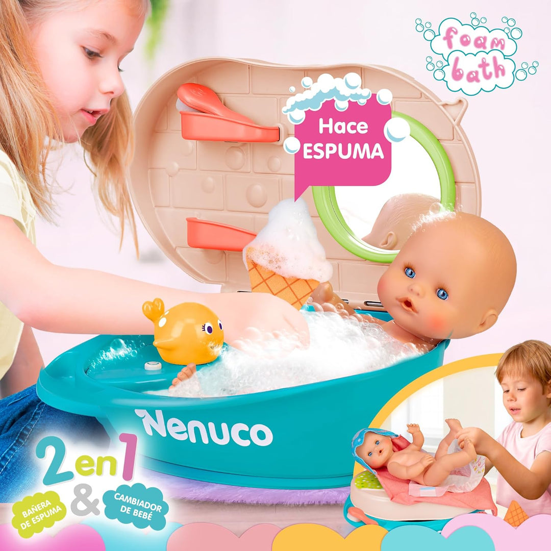 Nenuco Bad mit Blasen, Puppe 35 cm mit festem Körper und magischem Haar, mit Zubehör 2-in-1: Badewan