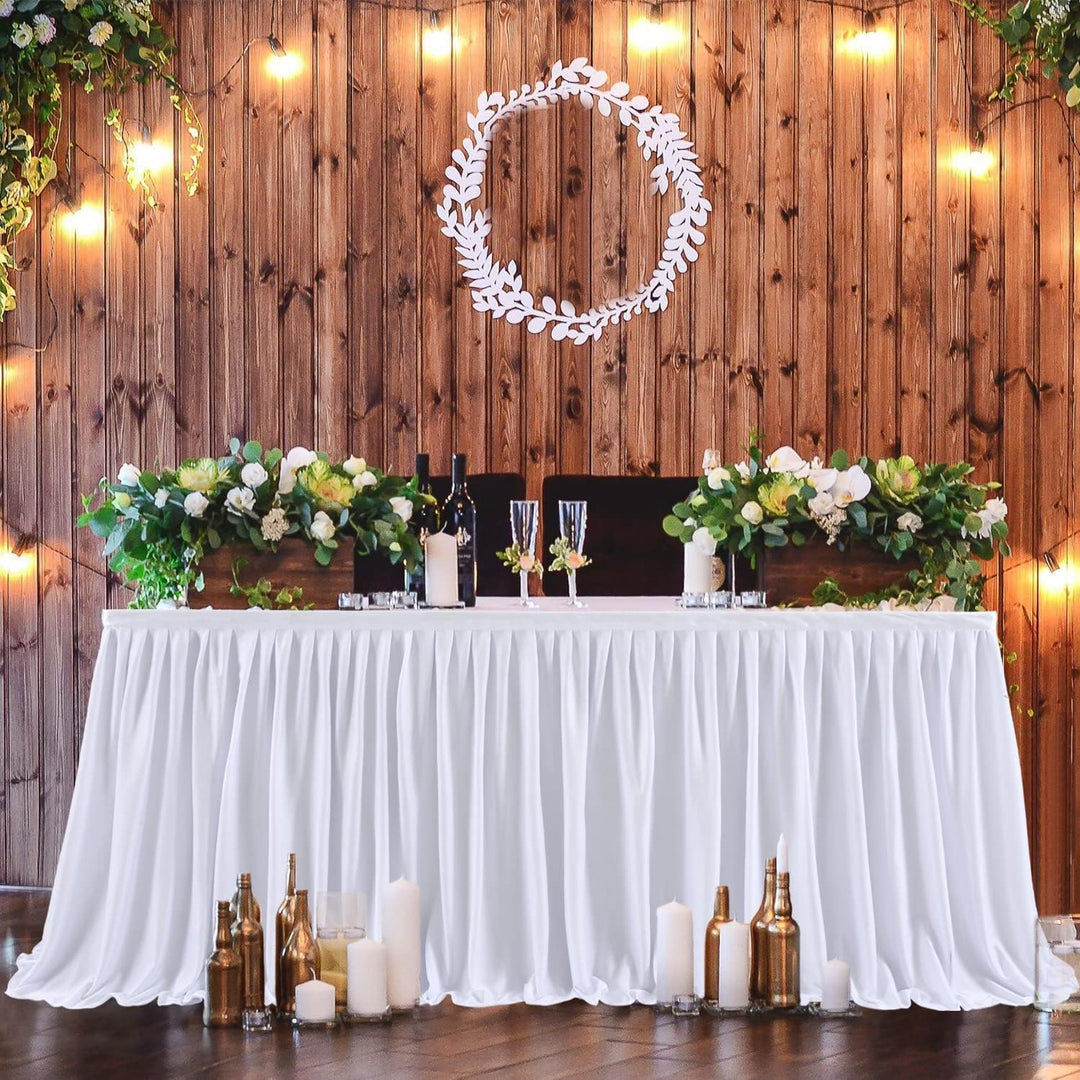 NSSONBEN 183cm White Polyester Table Skirts for Rectangle Tables, Wrinkle Free Ruffle Pleats Cloth T