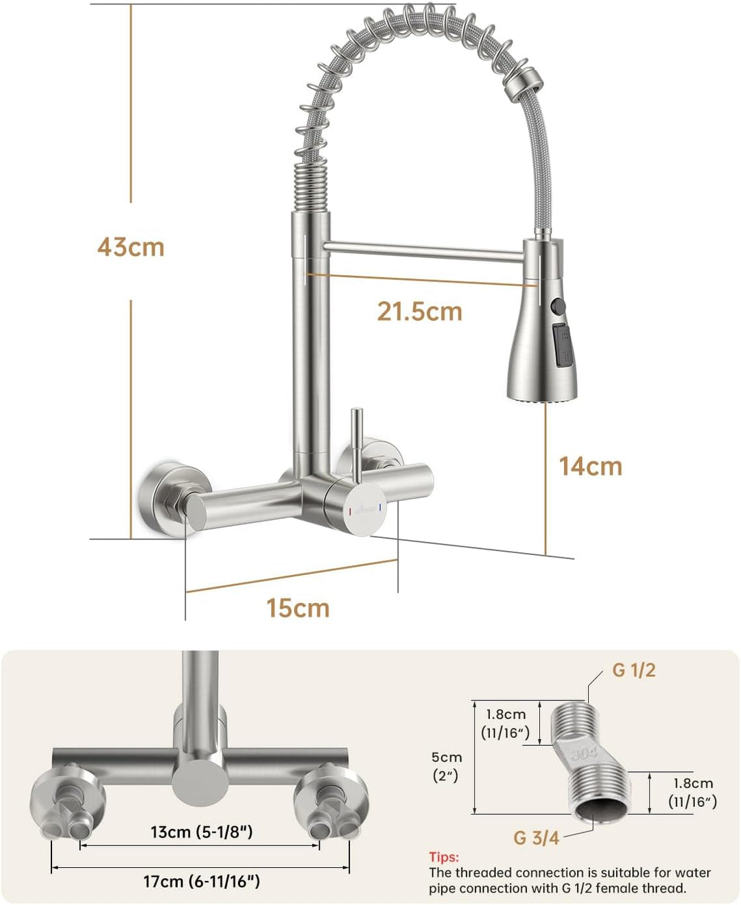 APPASO Wasserhahn Wandmontage (15cm Lochabstand) | Herunterziehbare Brause, Gebürstet Edelstahl arma