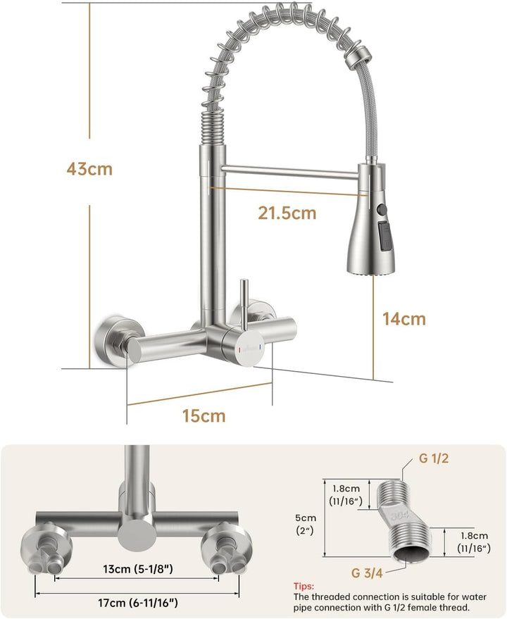 APPASO Wasserhahn Wandmontage (15cm Lochabstand) | Herunterziehbare Brause, Gebürstet Edelstahl arma
