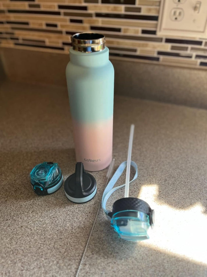 GOPPUS Edelstahl Trinkflasche-750ml mit Strohhalm & 3 Deckel,BPA frei, Kohlensäure Geeignet, Thermos