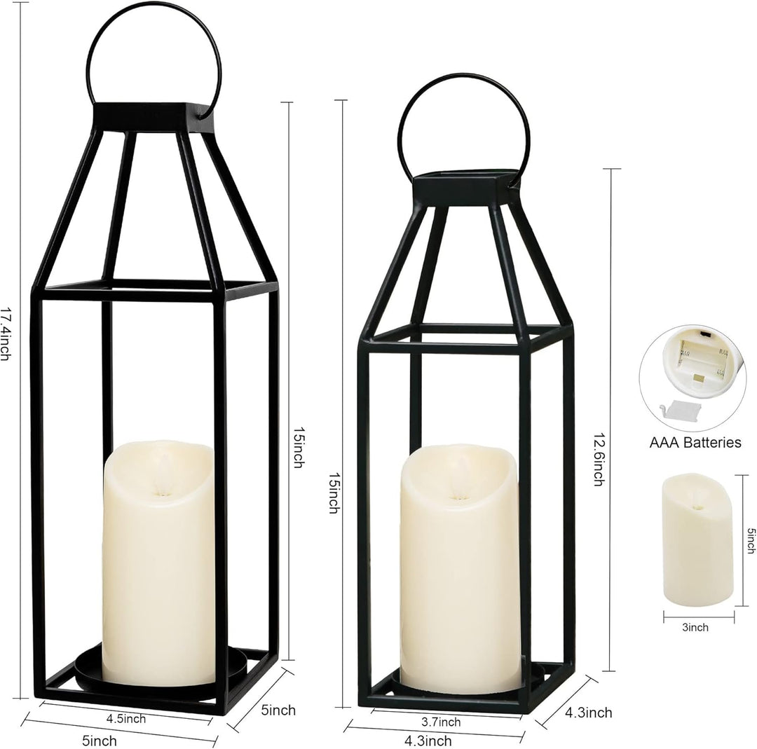 HPC Decor schwarze Metall-Kerzenlaternen, Set mit 2 Laternen, dekorativ mit flackerndem Timer, 44 cm