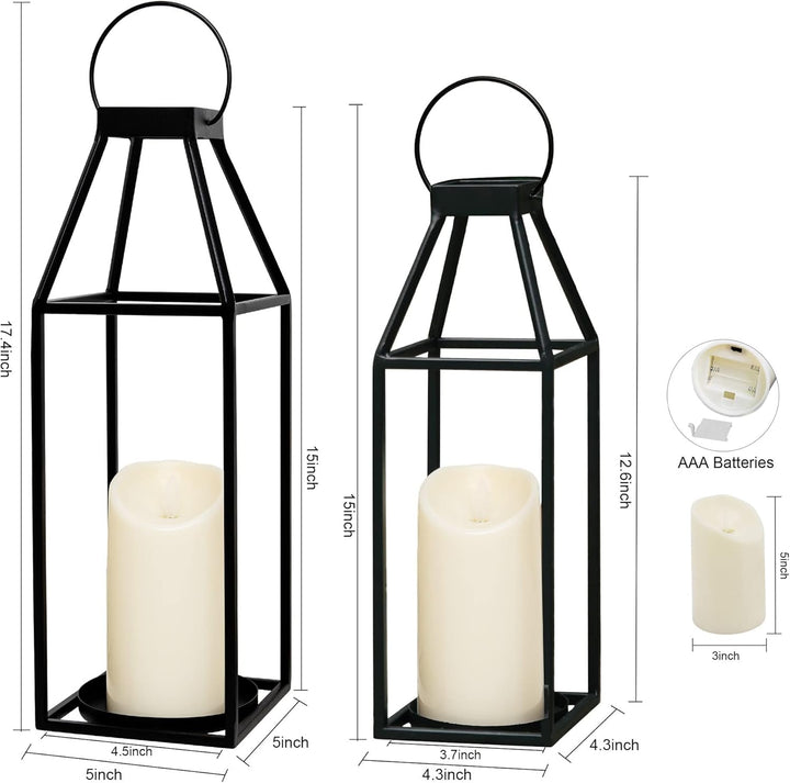 HPC Decor schwarze Metall-Kerzenlaternen, Set mit 2 Laternen, dekorativ mit flackerndem Timer, 44 cm