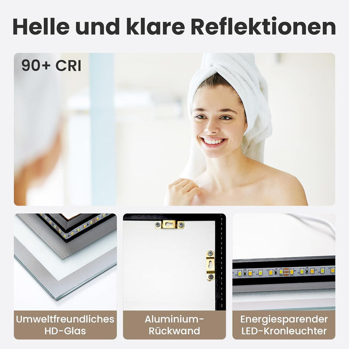AllRight Badspiegel mit Beleuchtung 70x50cm | LED Spiegel | IP54 Wassergeschützt | Touch-Steuerung |