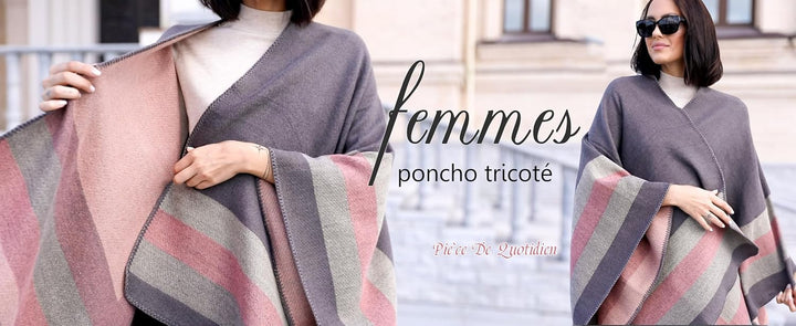 Shmily Girl - Damen Poncho Habe Gestrickt Überdimensionalen Decke Kap-Schal Streifen / Grau, Streife