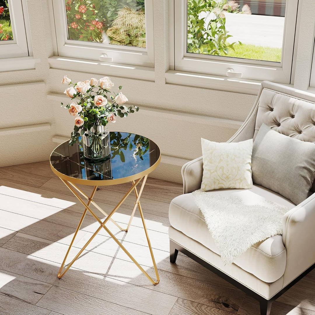 Couchtisch, Beistelltisch rund, Wohnzimmertisch, Kleiner Tisch, Sofatisch für Wohnzimmer, Grün Golde