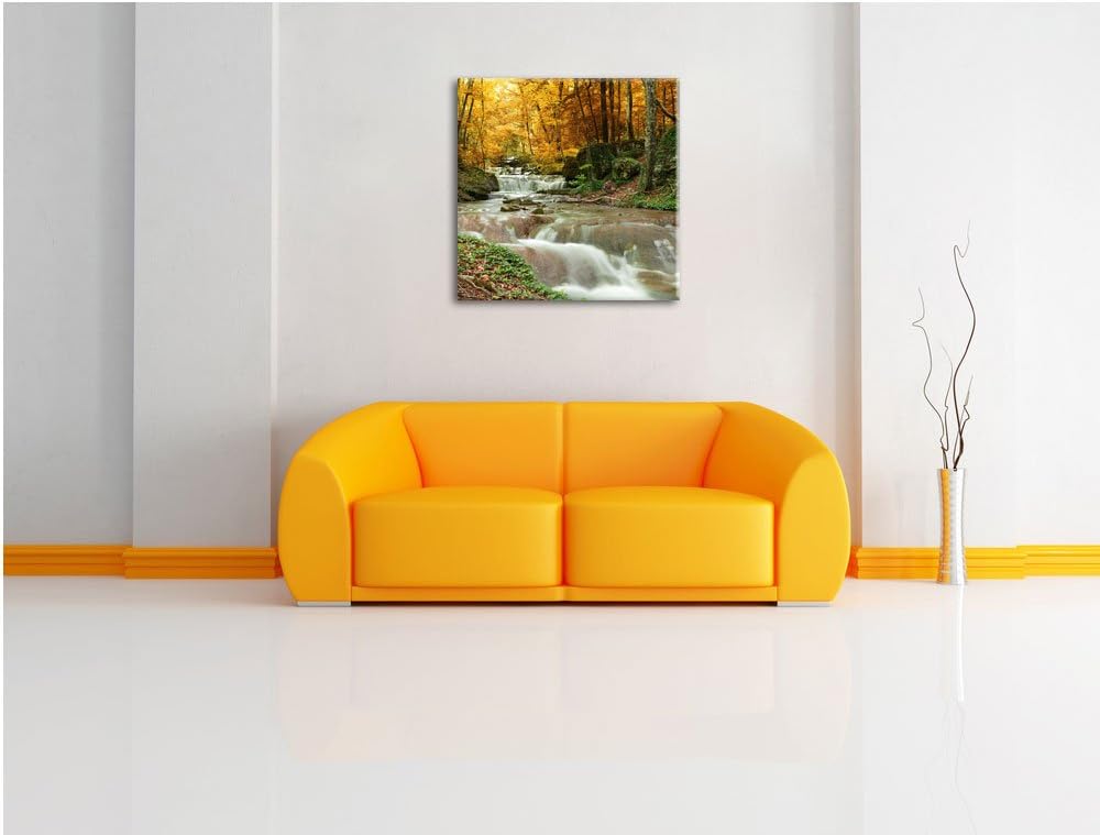 Waldbach im Herbst, Format: 70x70 auf Leinwand, XXL riesige Bilder fertig gerahmt mit Keilrahmen, Ku