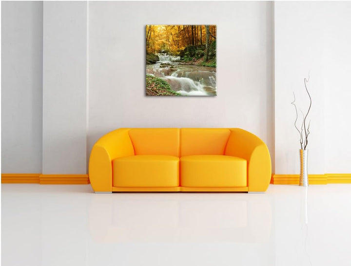 Waldbach im Herbst, Format: 70x70 auf Leinwand, XXL riesige Bilder fertig gerahmt mit Keilrahmen, Ku