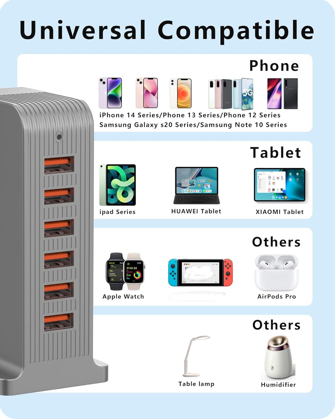 50W USB Ladegerät Mehrfach 6 Port USB Netzteile Handy Ladestation Steckdose für iPhone 15/14/13/12 P