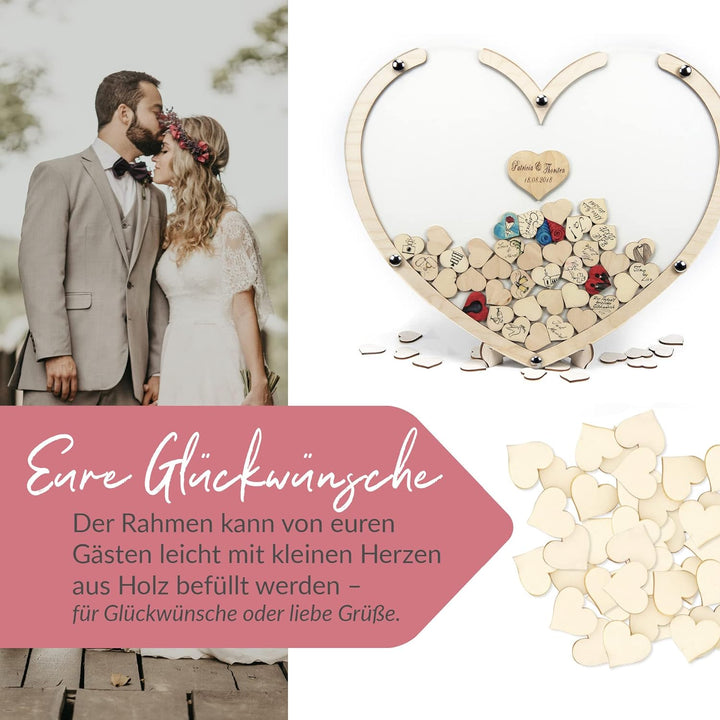 Laserano - Holzherz Gästebuch personalisiert 50x42x1,5cm | inkl. 100 Herzen zum Beschriften | Hochze