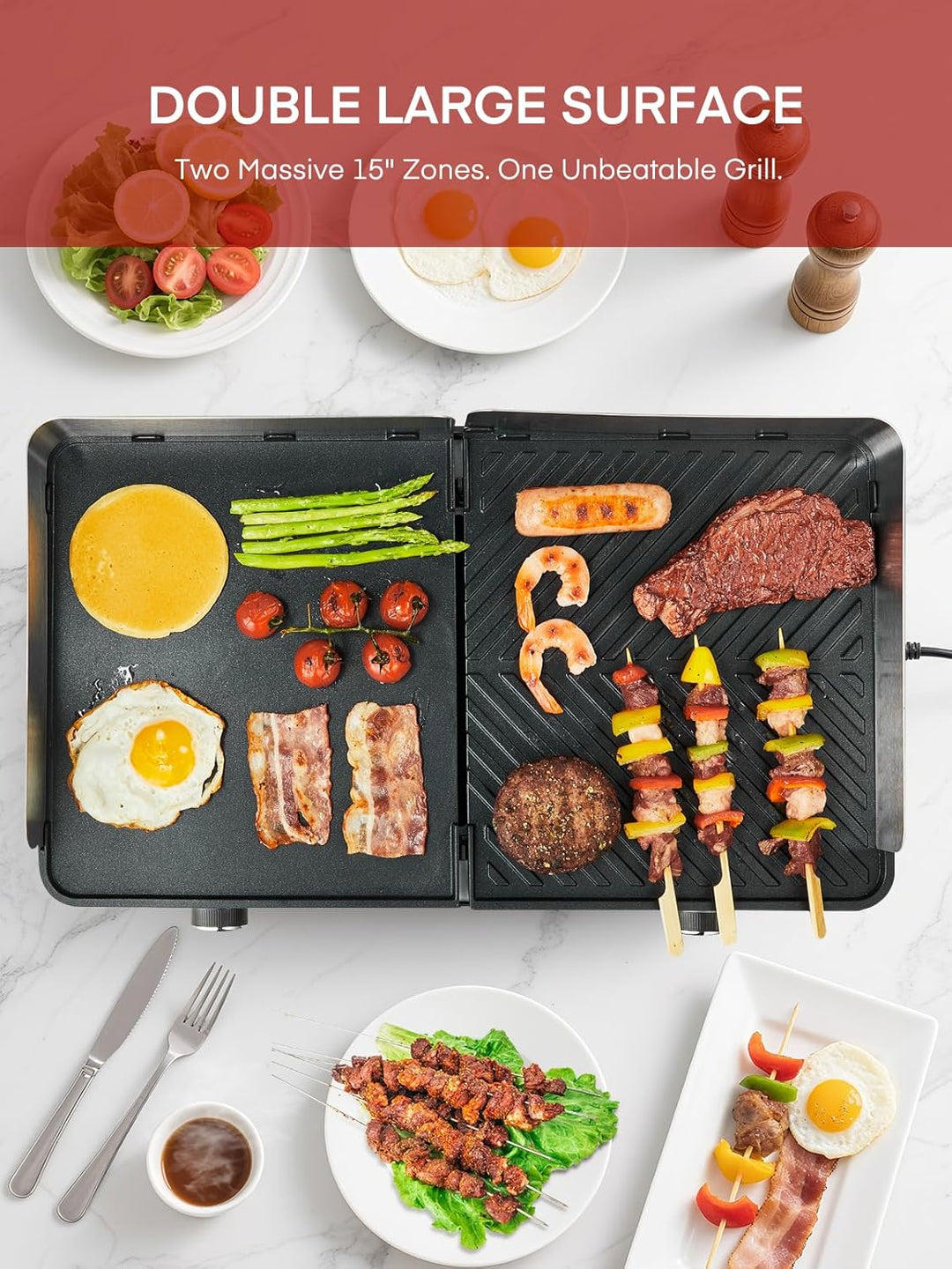 FOHERE Elektrogrill Tischgrill mit 2 Getrennt Regelbaren Grillplatten (Glatt & Gerillt), Extra gross