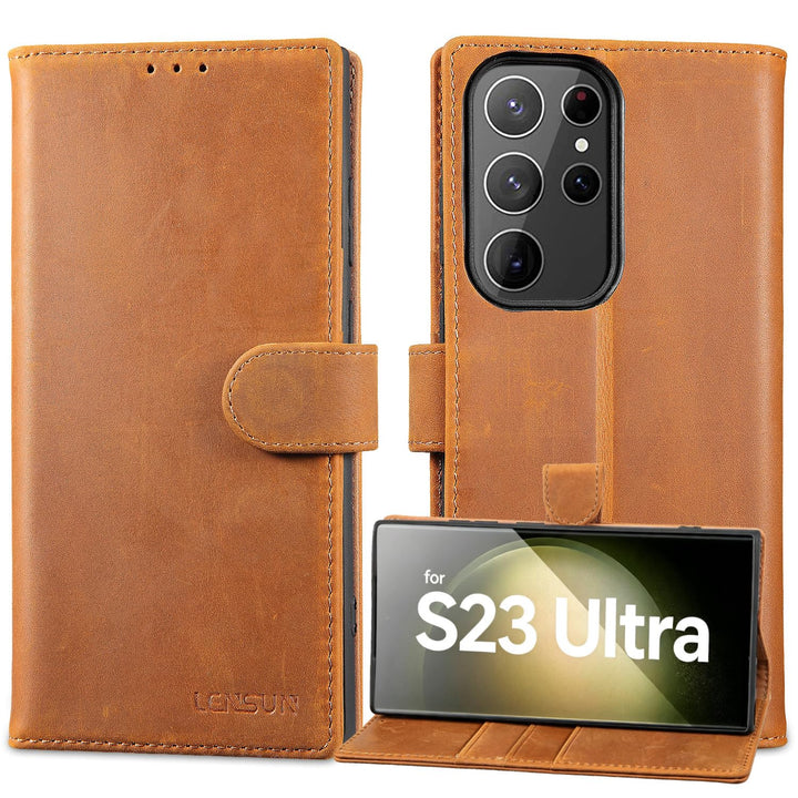 LENSUN Echtleder Hülle für Samsung Galaxy S23 Ultra, Handyhülle [Echtes Leder] [Magnetverschluss] [R