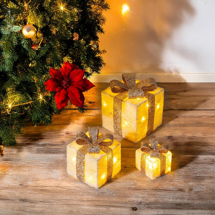 LED Geschenkboxen mit Timer 3er Set - Creme - Weihnachts Dekoboxen warm weiss beleuchtet - Weihnacht