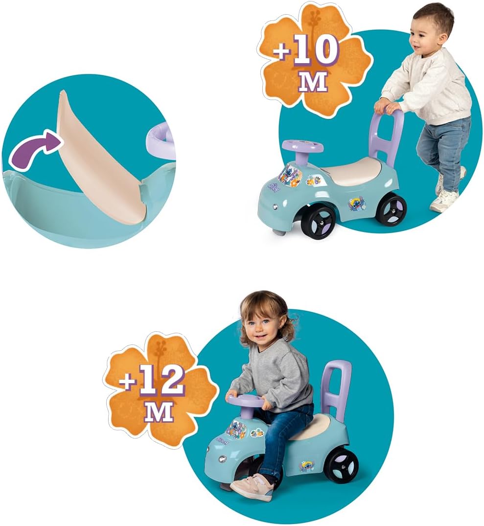 Smoby – Stitch Rutschauto – Fahrzeug & Lauflernhilfe in einem – mit Lenkrad & Geheimfach – für Kinde
