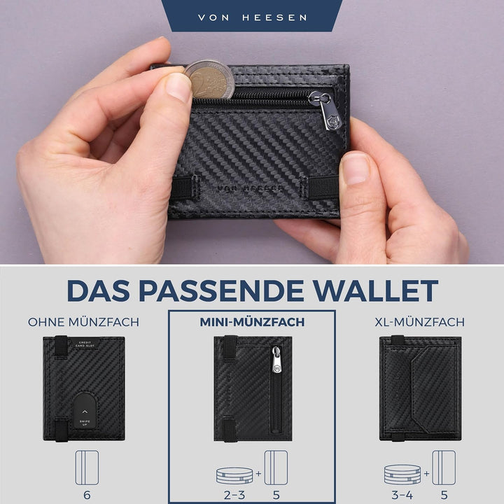VON HEESEN Slim Wallet mit Münzfach & RFID-Schutz - Leder Geldbeutel - Mini Geldbörse für Herren und