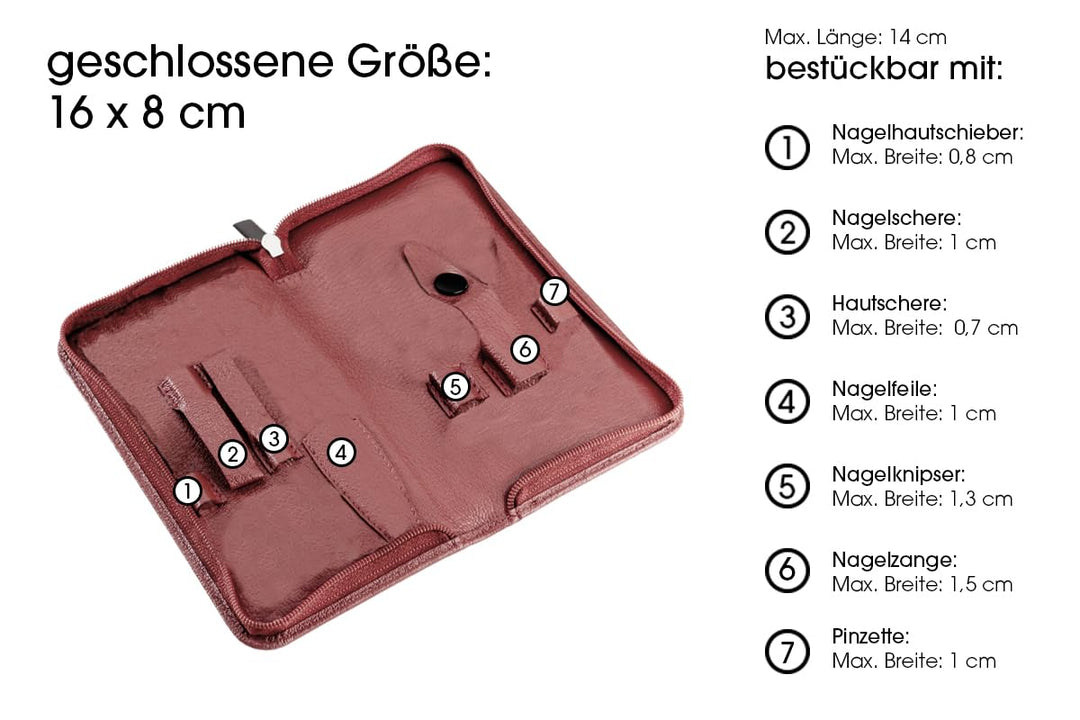 REMOS Nageletui leer aus echtem Leder zum Bestücken mit 7 Instrumenten - rot