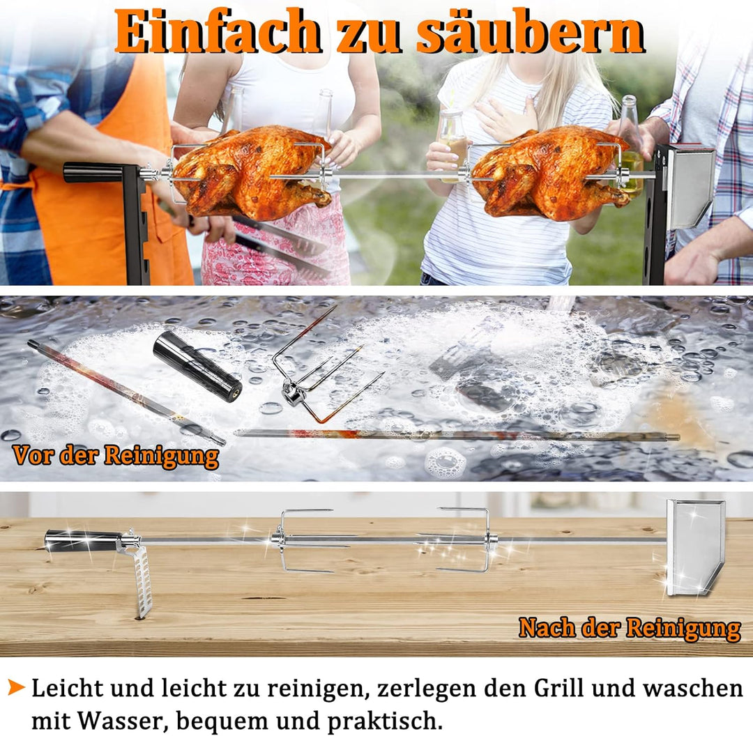 HENGMEI Edelstahl Grillspiess Set 107cm BBQ Fleischklammer mit Motor inkl.2 x Fleischnadeln, 220V -