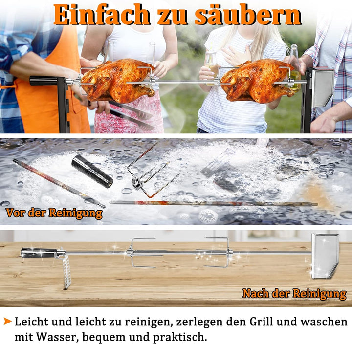 Elektrischer Grillspiess Set 107cm Drehspiess inkl. 2X Fleischnadeln und Edelstahl Motor, 220V-240V,