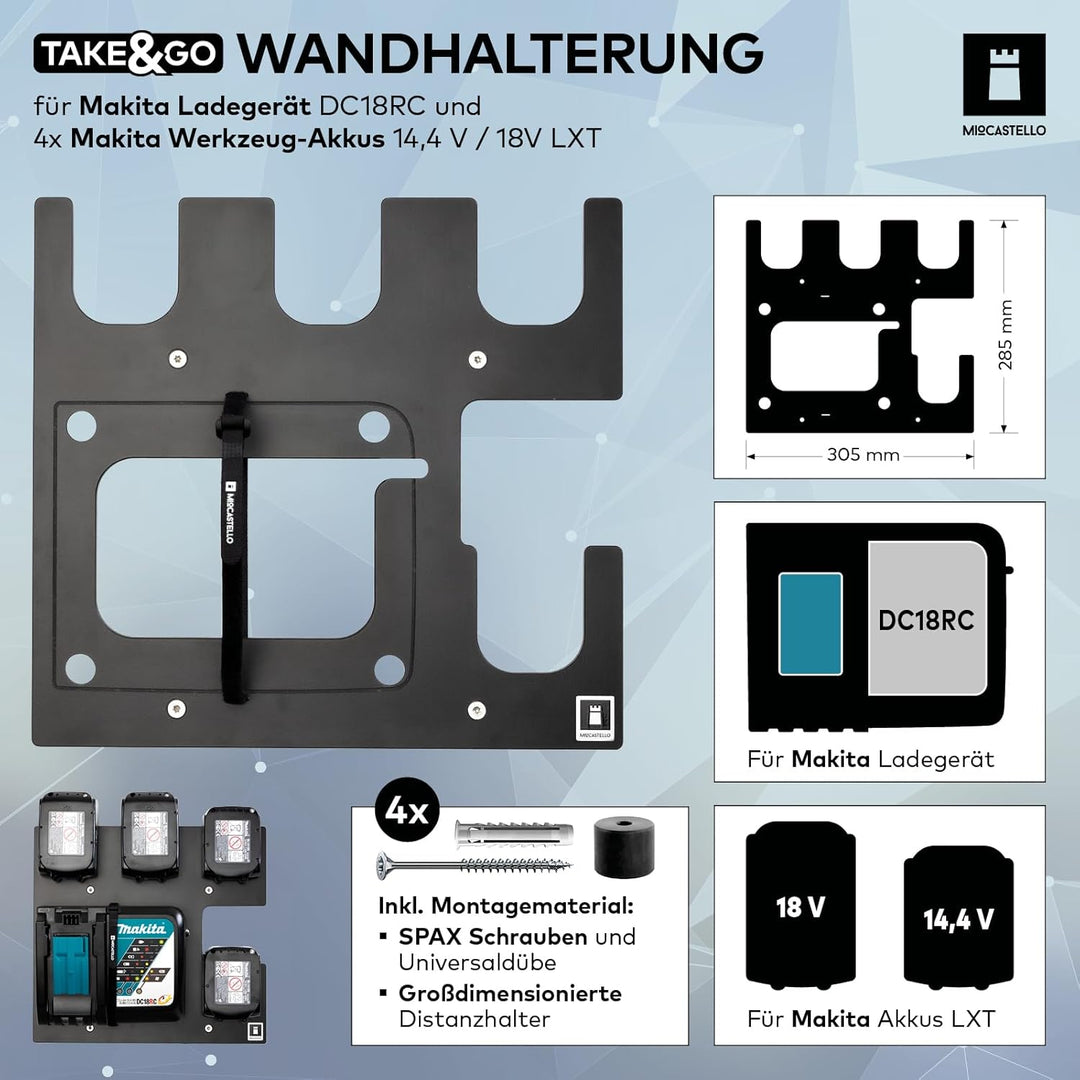 TAKE&amp;GO Wandhalterung für Makita Akkus und Ladegerät – mit cleverer Ladegerät-Befestigung für festen