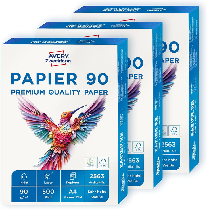 Avery Zweckform 2563 Drucker-/Kopierpapier (1.500 Blatt, 90 g/m², DIN A4 Papier, hochweiss, für alle