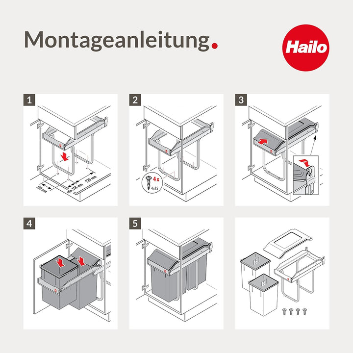 Hailo Tandem Küchen-Abfalleimer, Plastik, Grau, One