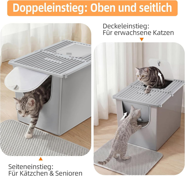 Yangbaga Katzenklo Edelstahl mit Deckel,XXL Geschlossene Katzentoilette mit Hohem Rand,Katzenklo Met