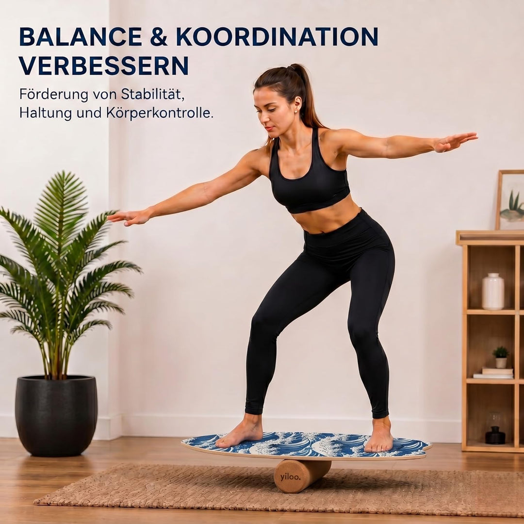 Hawaii Balance Board aus Holz – Gleichgewichtstrainer mit Rolle & Balance Ball – Handgefertigt & rut