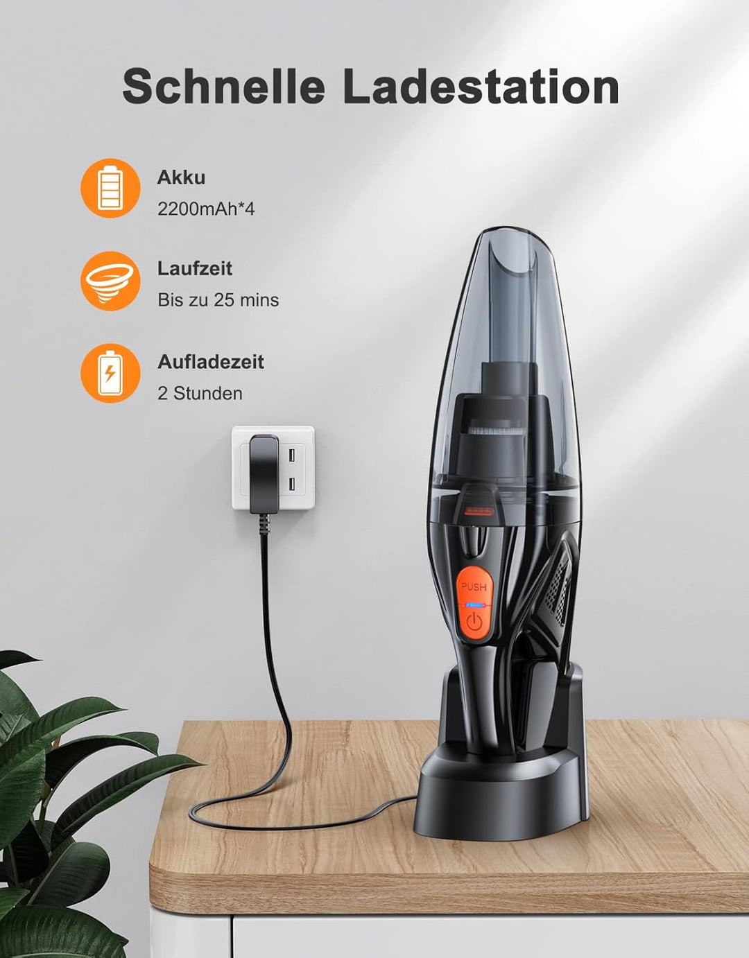 Rolgno Handstaubsauger Akku, [9000Pa & Schnellladestation] Handstaubsauger Kabellos mit LED-Lichter,