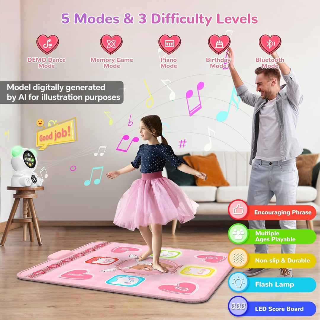 Tanzmatte Kinder, wiederaufladbare leuchtende Tanzmatte mit Bluetooth, 5 Spielmodi & LED-Lichter, We