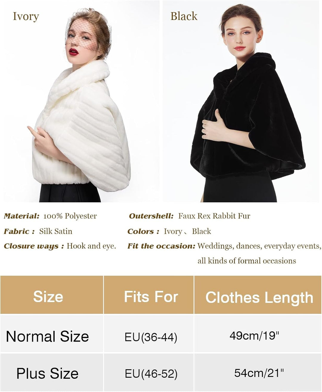 BEAUTELICATE Kunstpelz Bolero Schal Stola Pelz Cape Damen Braut Elfenbein Brautschal Brautjacke fur