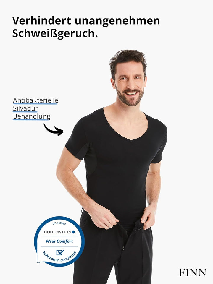 FINN Anti-Schweiss Shirt Herren mit V-Ausschnitt und integrierten Achselpads gegen Starkes Schwitzen