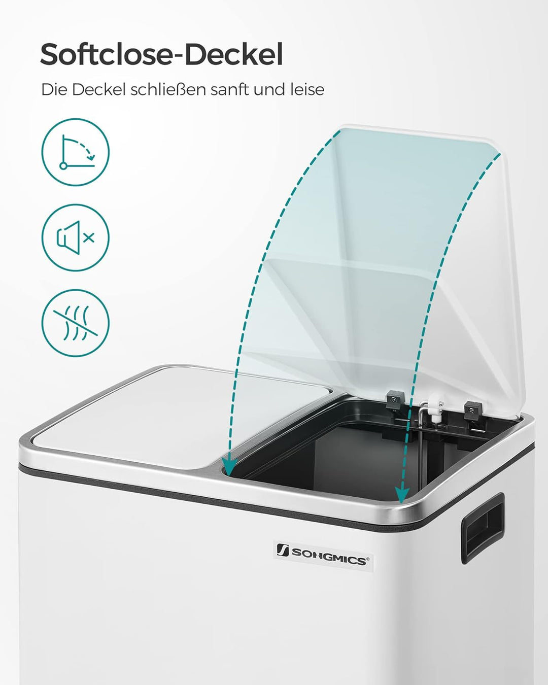 SONGMICS Mülleimer Küche, 2 x 15 Liter, Mülltrennsystem 2 Fächer, Abfalleimer, Treteimer, für gelben