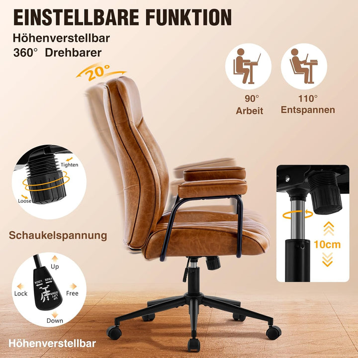 Bürostuhl Ergonomisch, PU Leder Chefsessel, Schreibtischstuhl Computerstuhl mit Hoher Rückenlehne, G