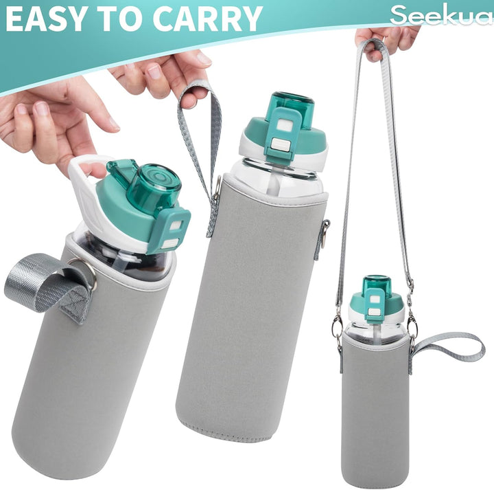 Seekua 0.8l Sport Trinkflasche Glas Flasche mit Strohhalm & Zeitmarkierung 800ml auslaufsicher bpa f