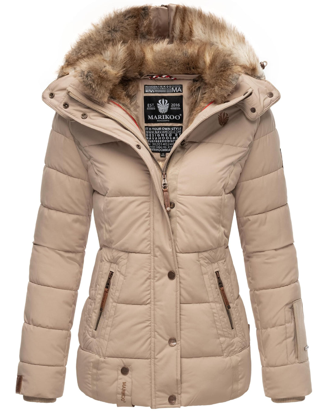 MARIKOO Damen Winterjacke warme Steppjacke mit Kunstfell Innenfutter Nekoo XS-3XL M Beige, M Beige