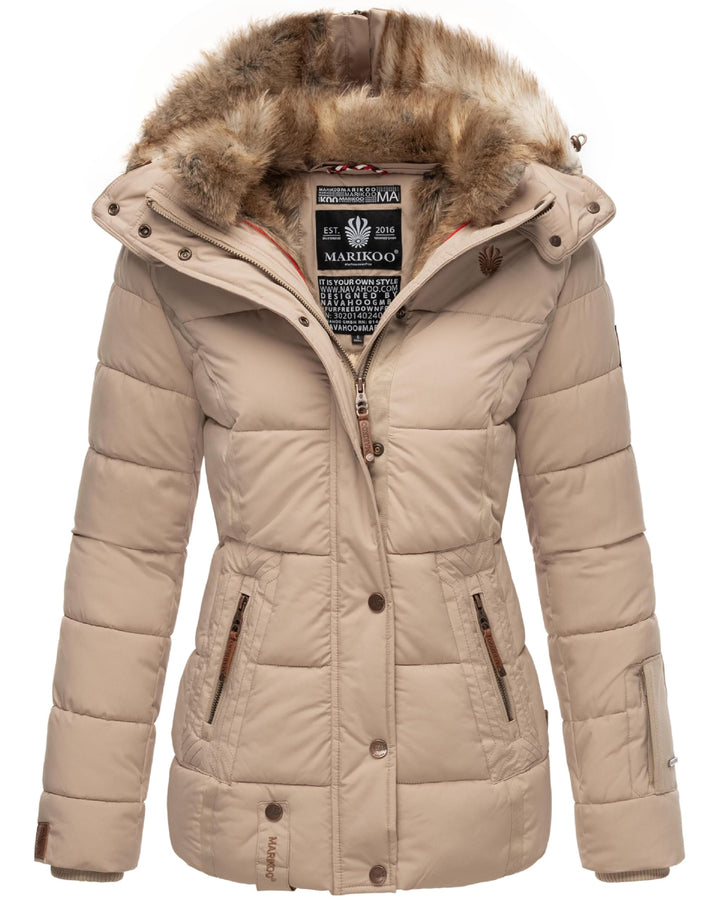 MARIKOO Damen Winterjacke warme Steppjacke mit Kunstfell Innenfutter Nekoo XS-3XL M Beige, M Beige