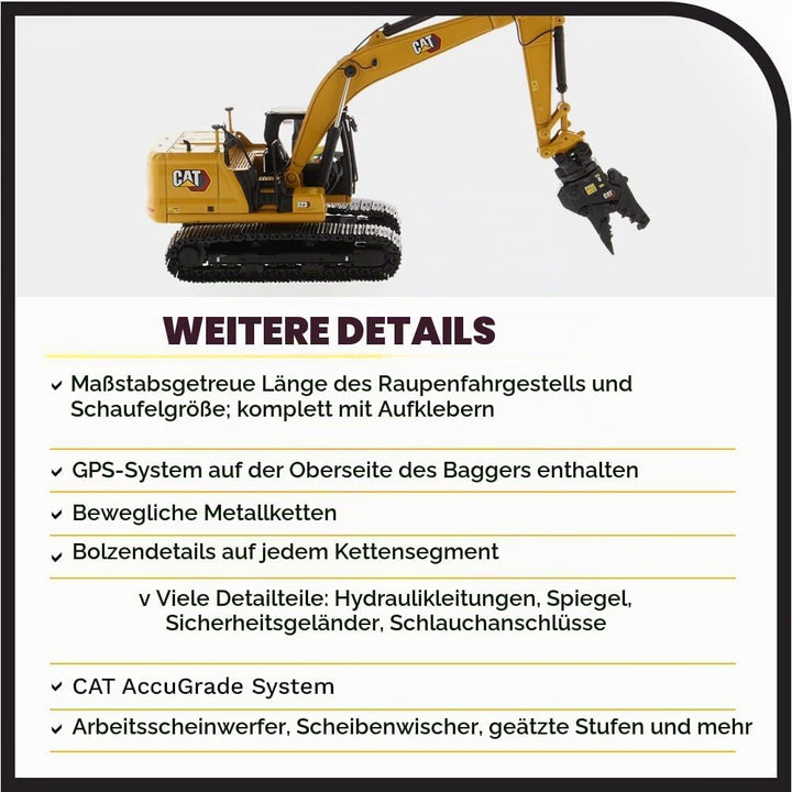 Diecast Masters 85657 - Caterpillar Bagger mit 4 Werkzeugen 323 HEX, Massstab 1:50, ca. 9,5 x 3,4 x