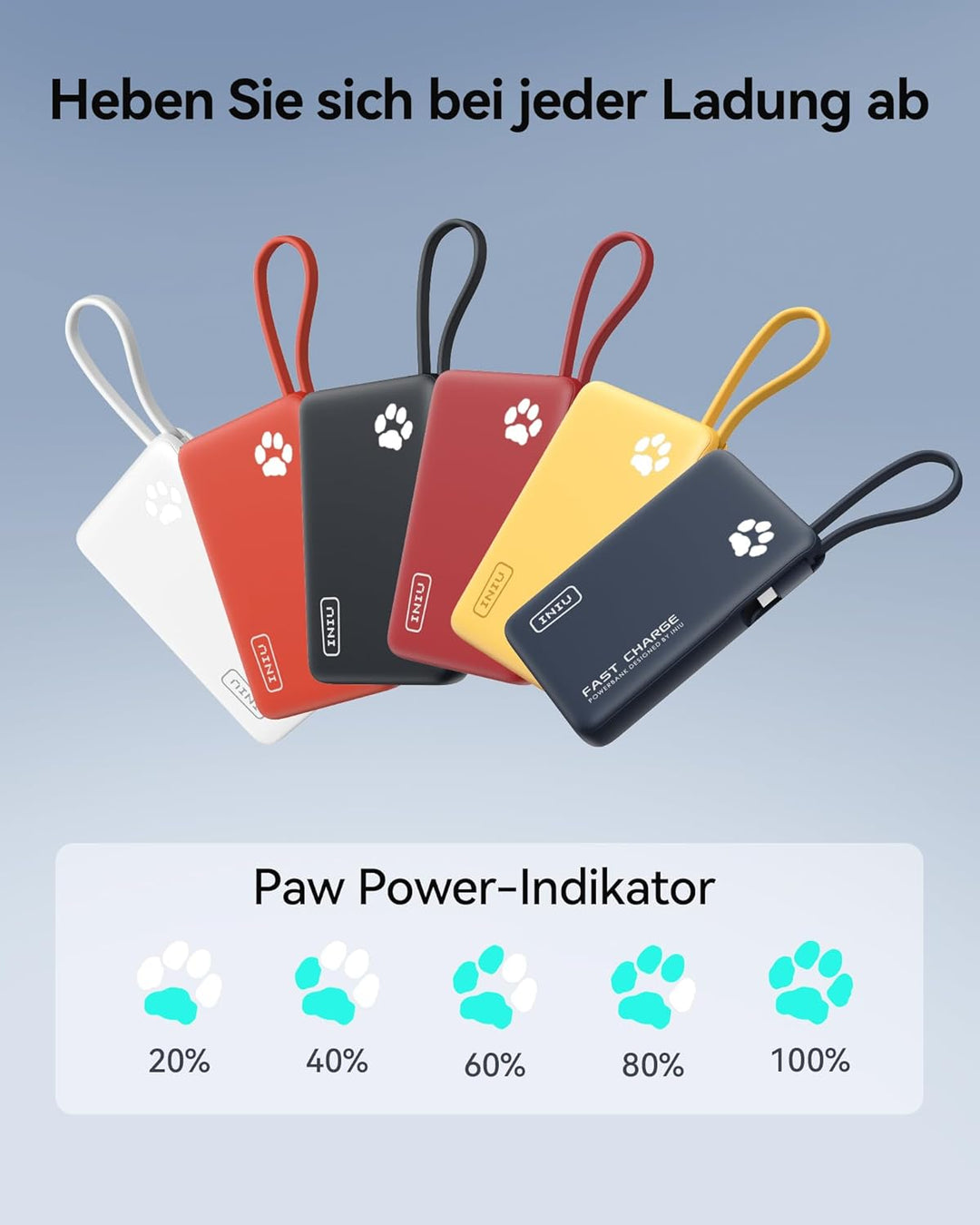 INIU Power Bank, Minigrösse 20W 10000mAh PowerBank mit Integriertem USB-C Kabel, PD3.0 QC4.0 USB C I