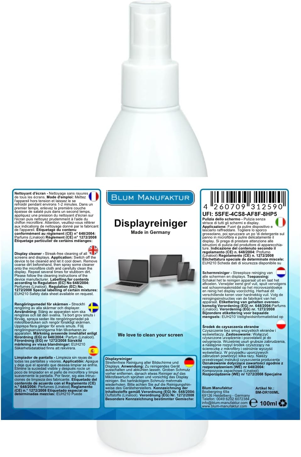 Blum Manufaktur - 2X 100ml Displayreiniger + 2X Mikrofasertuch 30x30 cm. EIN Bildschirmreiniger für