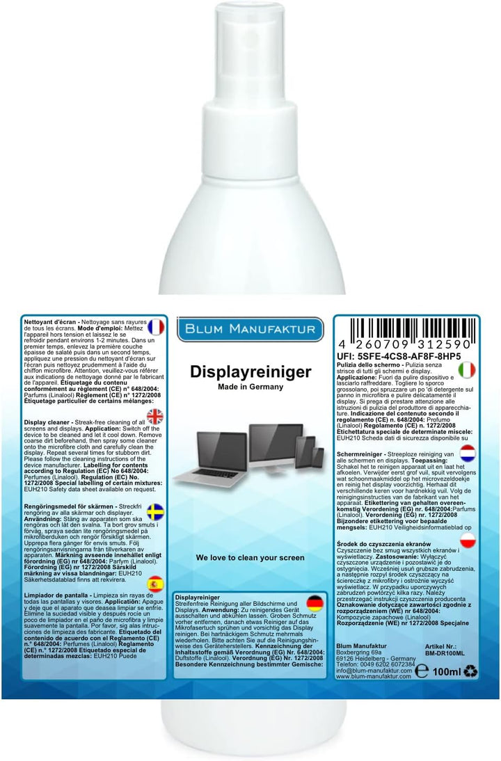 Blum Manufaktur - 2X 100ml Displayreiniger + 2X Mikrofasertuch 30x30 cm. EIN Bildschirmreiniger für