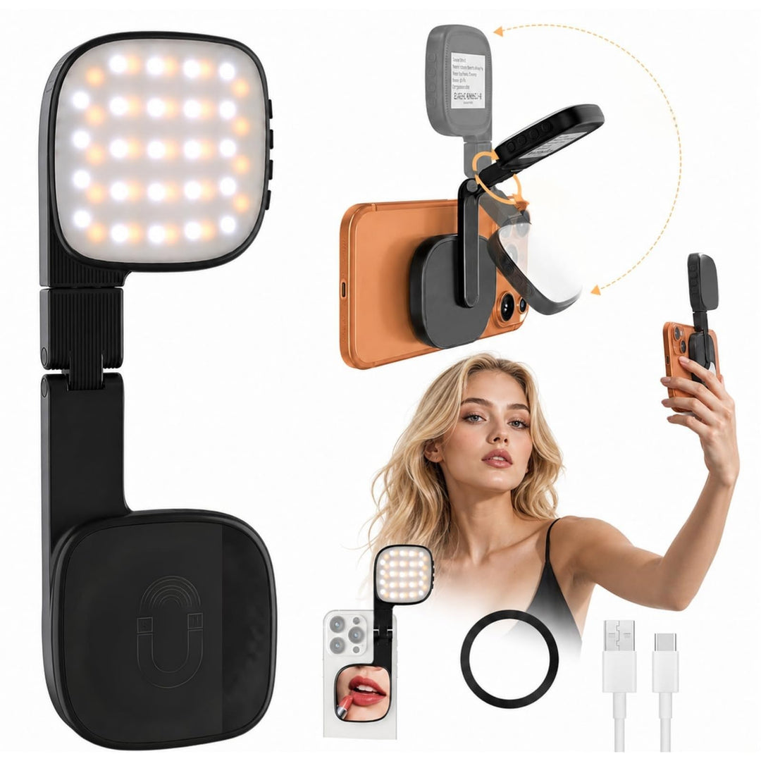 Magnetisches 3-in-1 Selfie Licht Mit Spiegel, 1000mAh Akku 48 LEDs & 10 Helligkeitsstufen (3000K-650